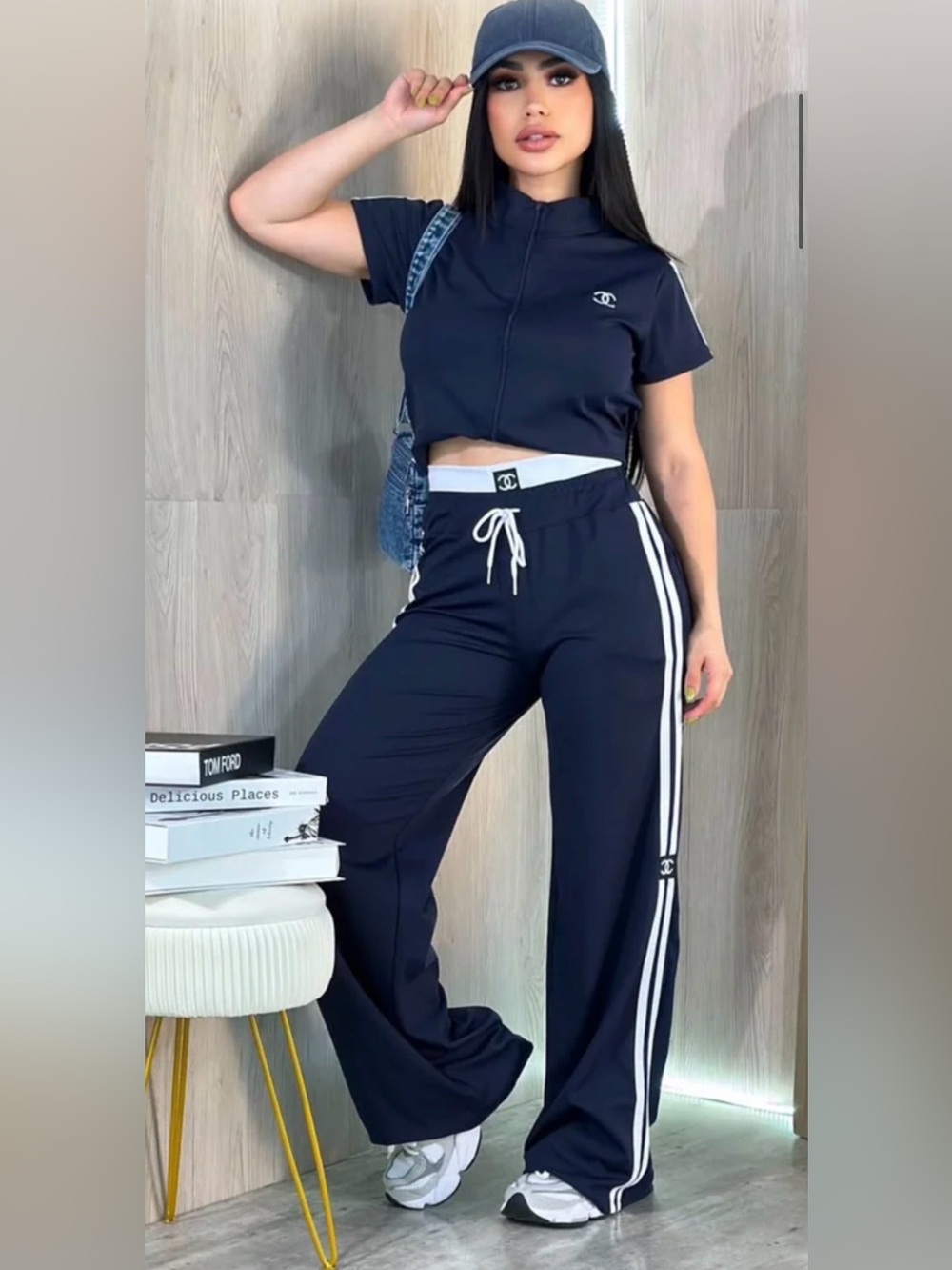 Navy Track Pants with White Side Stripes and Crop top size S